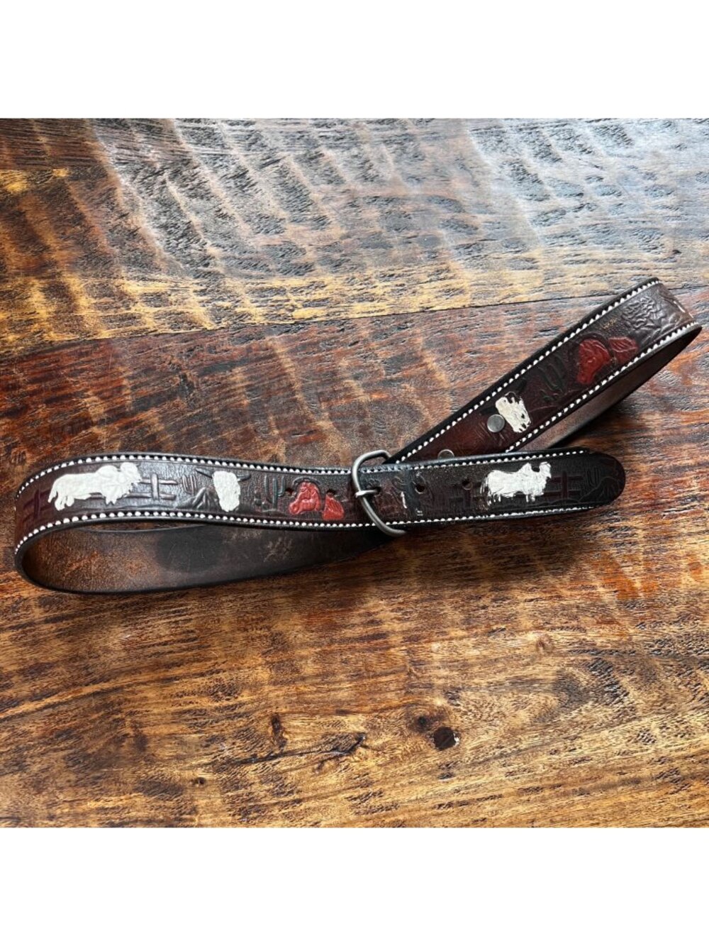 Vintage Western Leather Belt Hand-Tooled Cowboy Motif Brown 32x1 Inch Rustic Sil